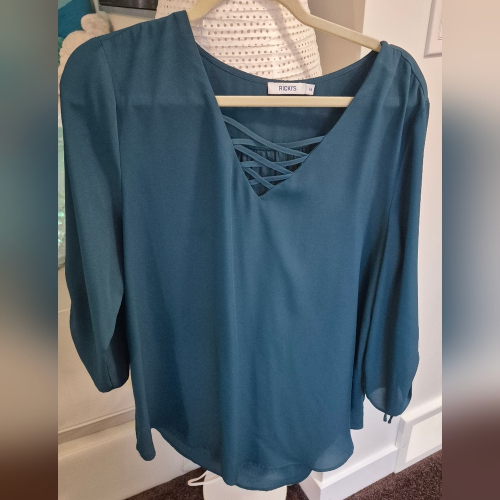 Ricki's Deep Teal Blouse with Crisscross Neckline